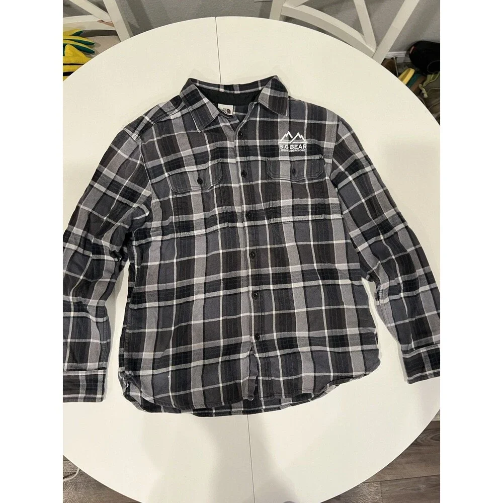 The North Face Plaid Flannel Button-Up Shirt Black Gray L Embroidered